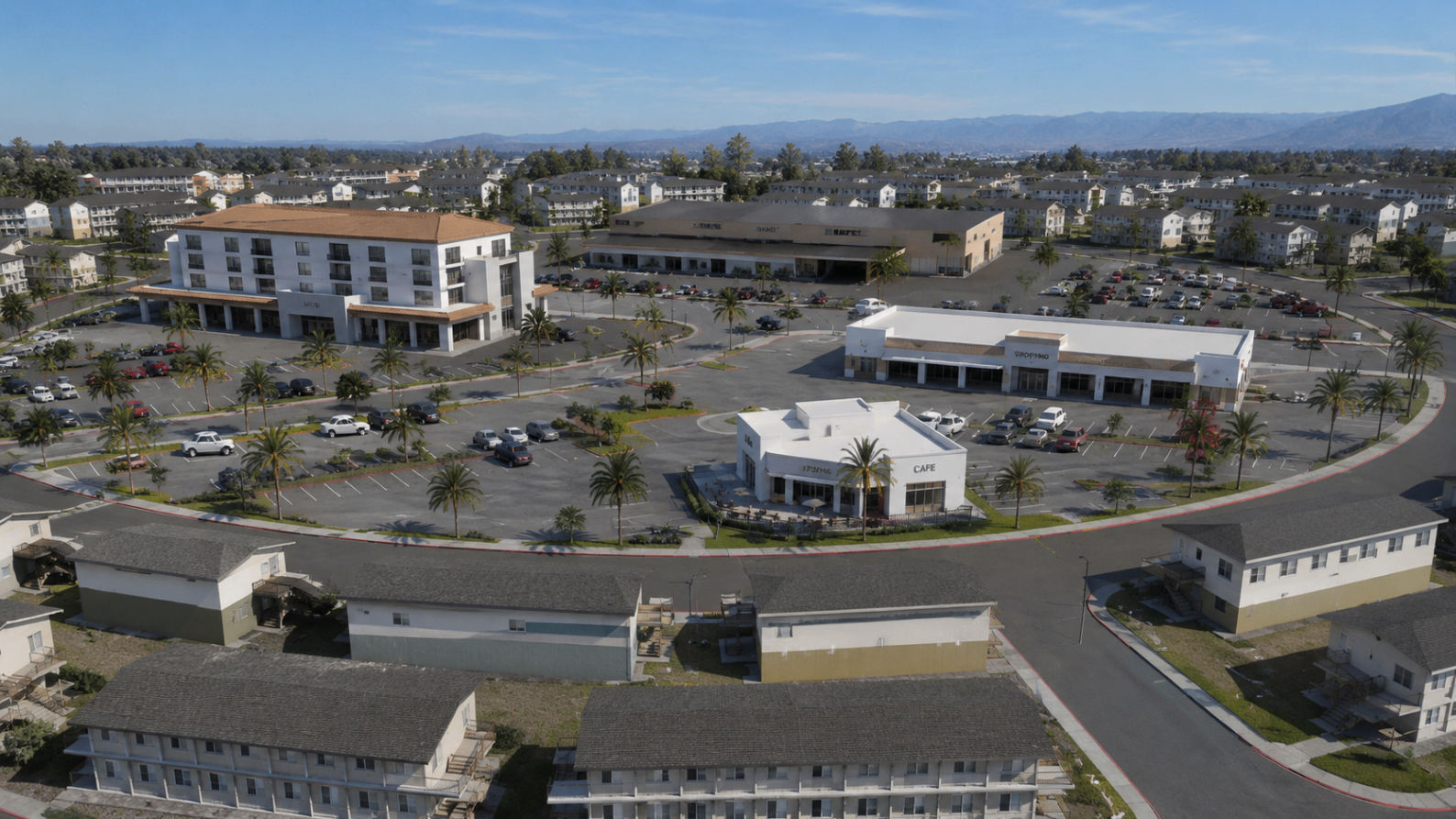 Aerial rendering of the Founder Sass Society retail core with hotel, cafe, shops, parking, and surrounding neighborhood fabric.