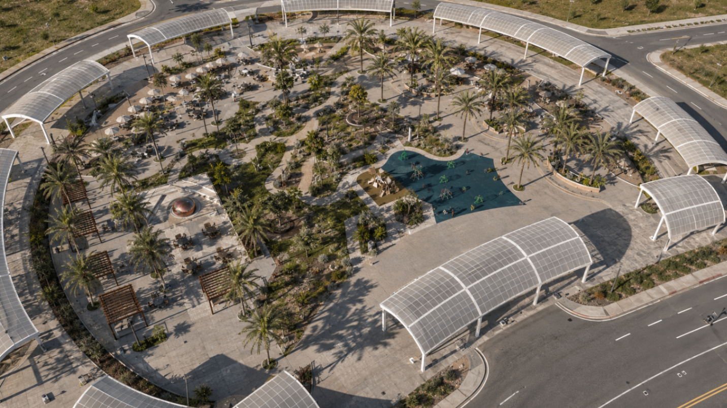 Aerial rendering of the Founder Sass Society commons with shade structures, paths, gardens, and gathering areas.