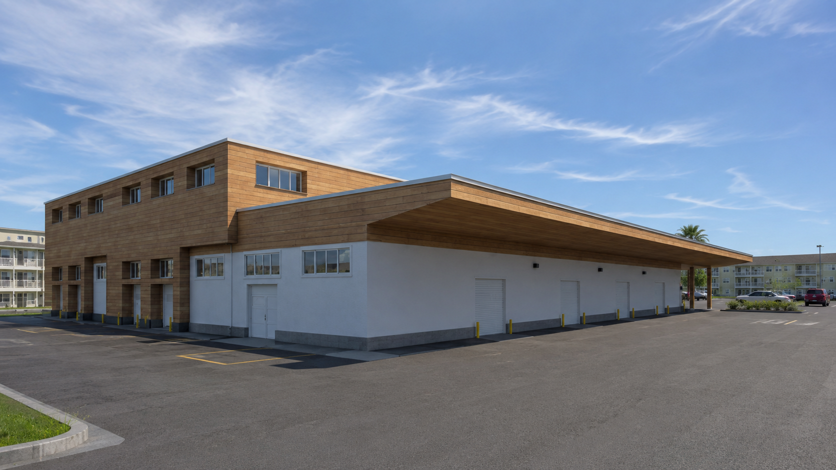 Rendering of a workforce hub and logistics building with generous covered loading and training space.