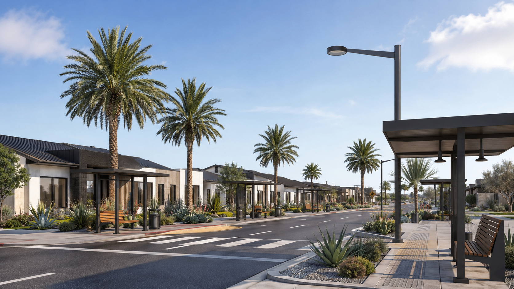 Rendering of a landscaped neighborhood boulevard with shaded sidewalks, bus shelters, and single-story homes.