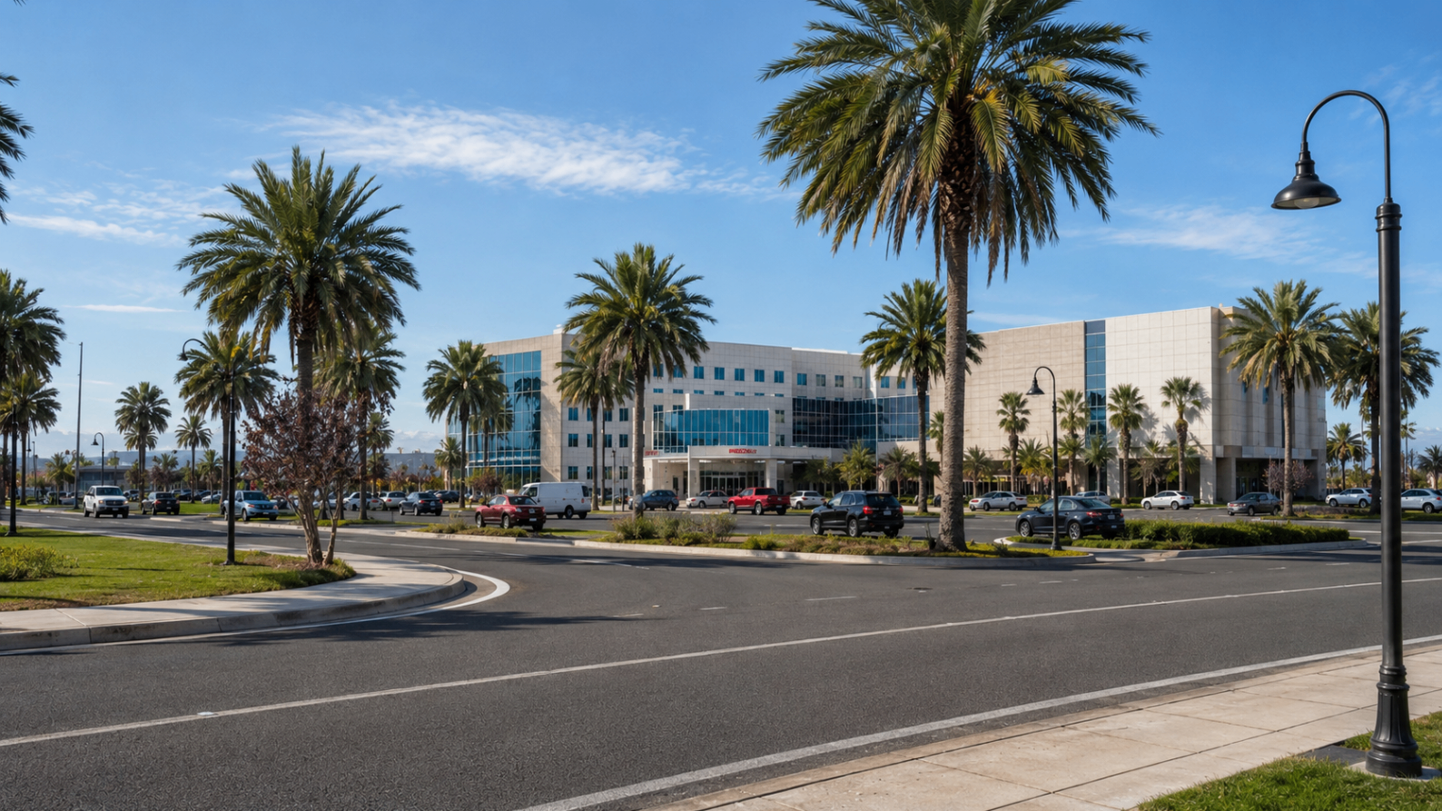 Rendering of a palm-lined health campus and medical building set along a broad boulevard.