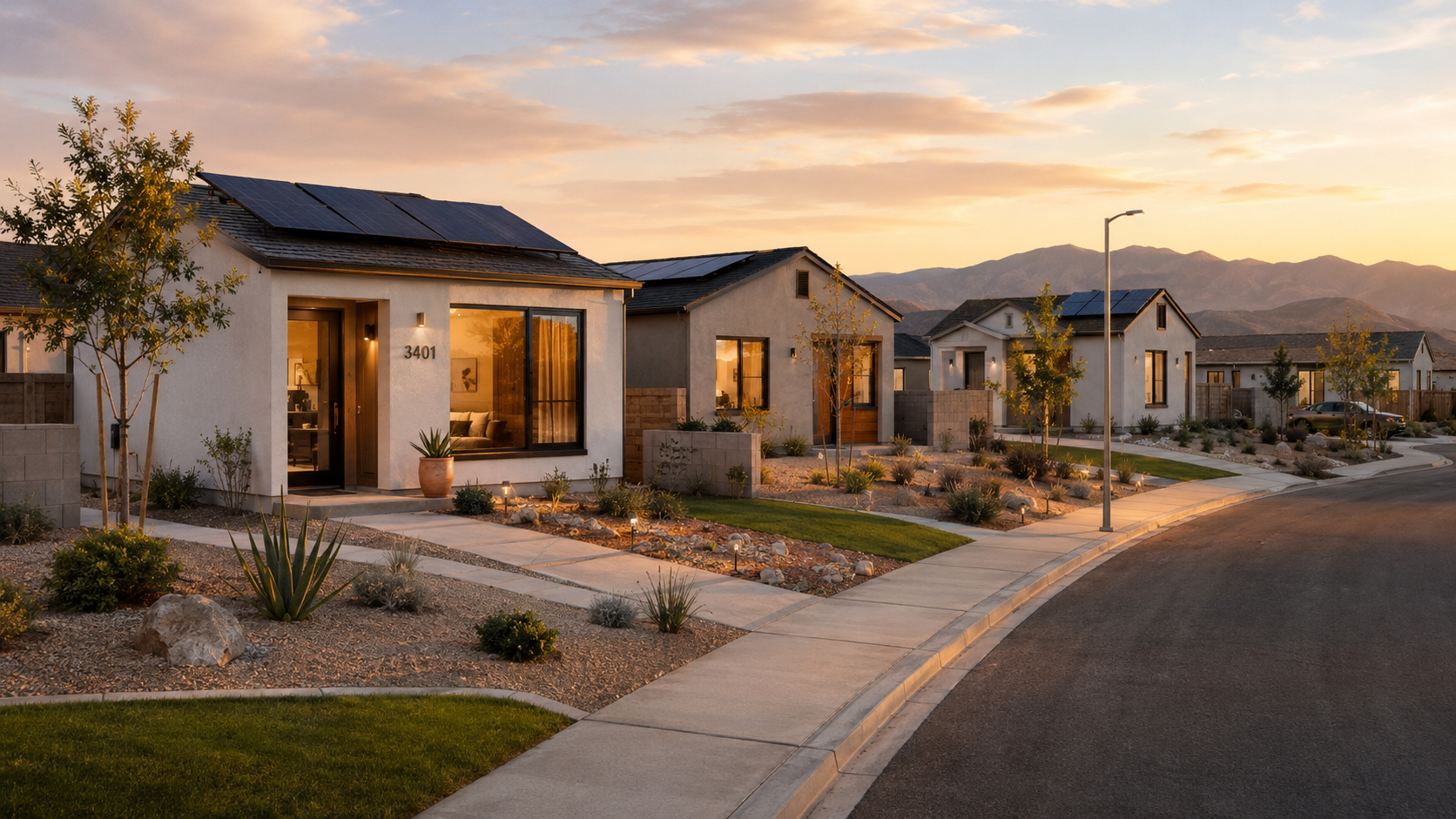 Rendering of Founder Sass Society neighborhood homes with shaded walkways, desert planting, and shared streets.