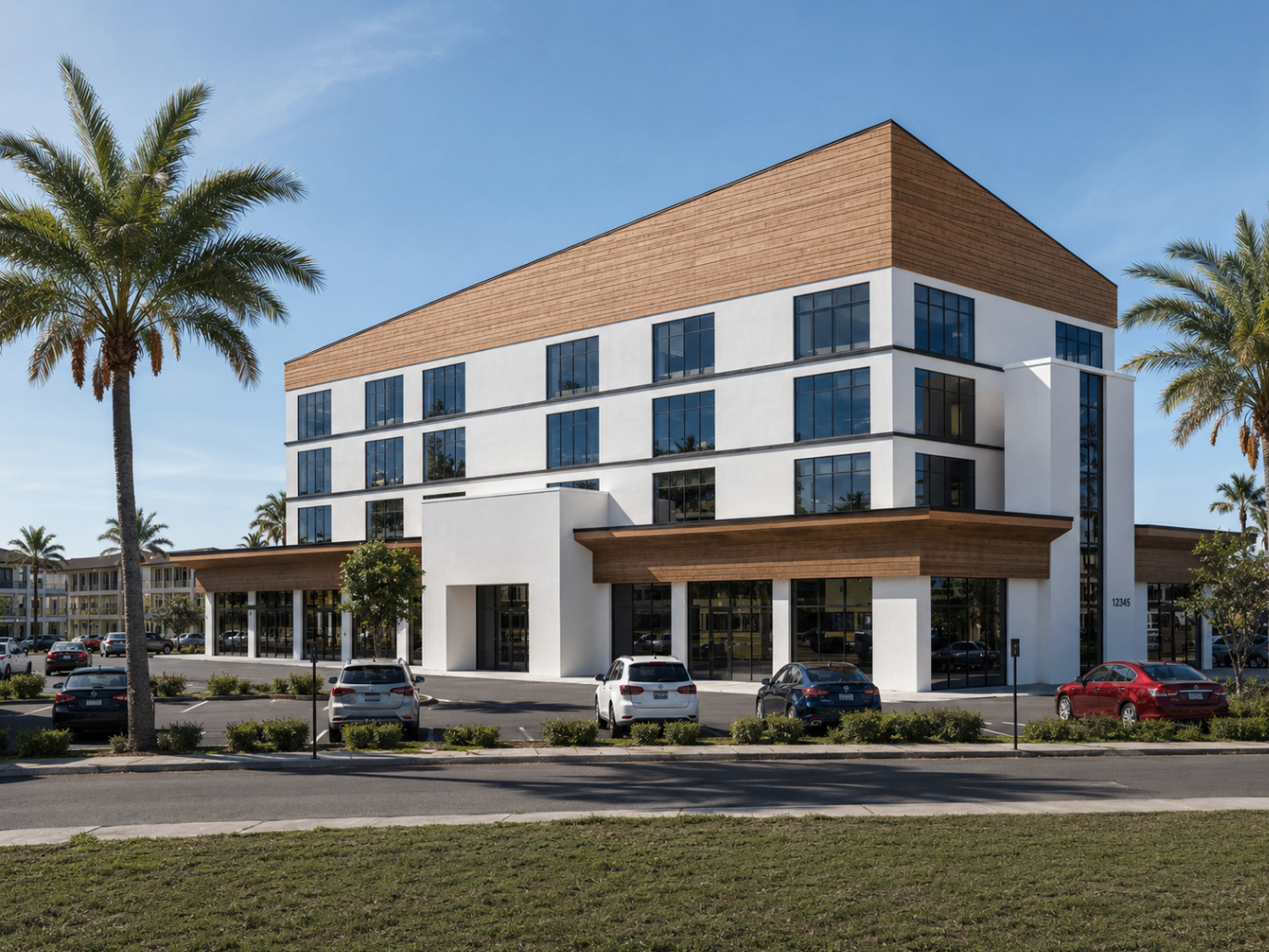 Rendering of a modern white civic center building with warm wood accents and palm-lined frontage.