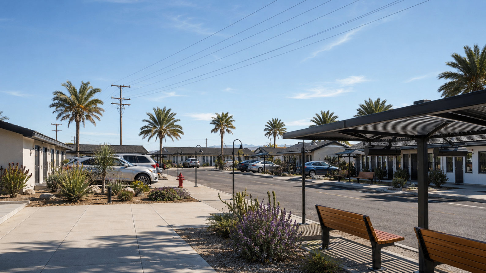 Rendering of a neighborhood street with desert landscaping, benches, covered parking, and homes.